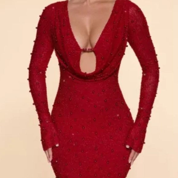 Ohpolly Nice Long Sleeve Deep Plunge Mini Dress in Rose - BNWT Medium - Picture 4 of 6